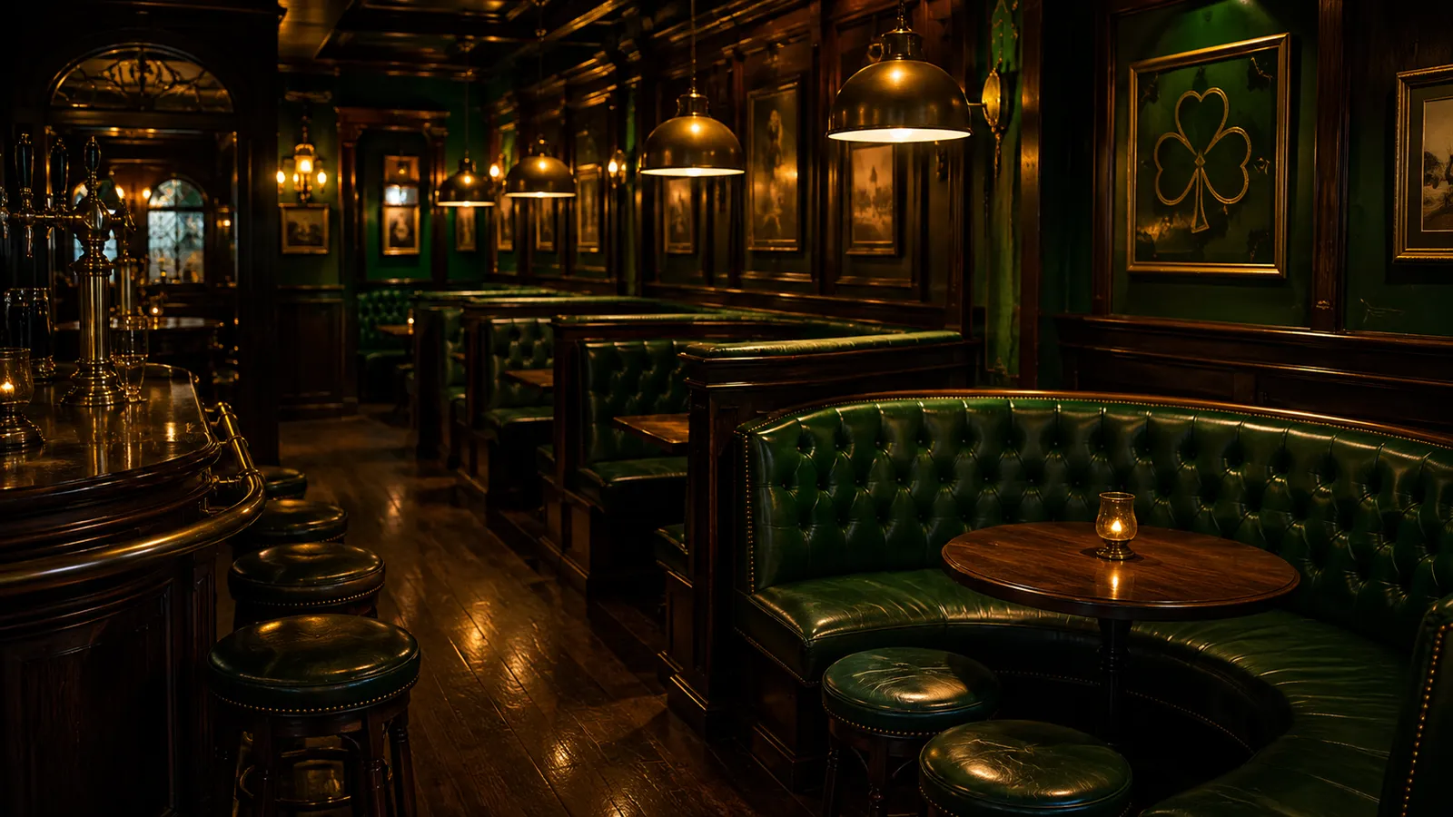 Intérieur du pub — cuir vert et laiton